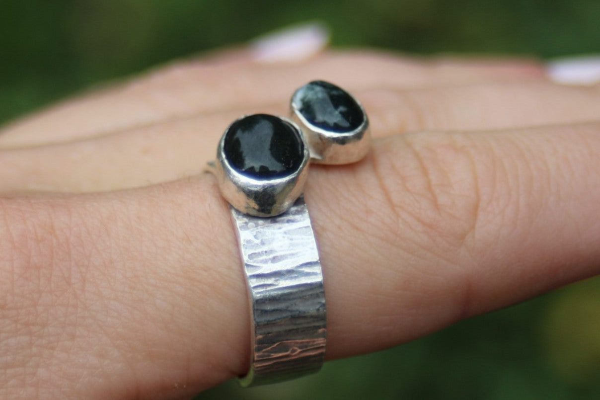 Bark Texture with Moss Agate Sterling Silver Ring