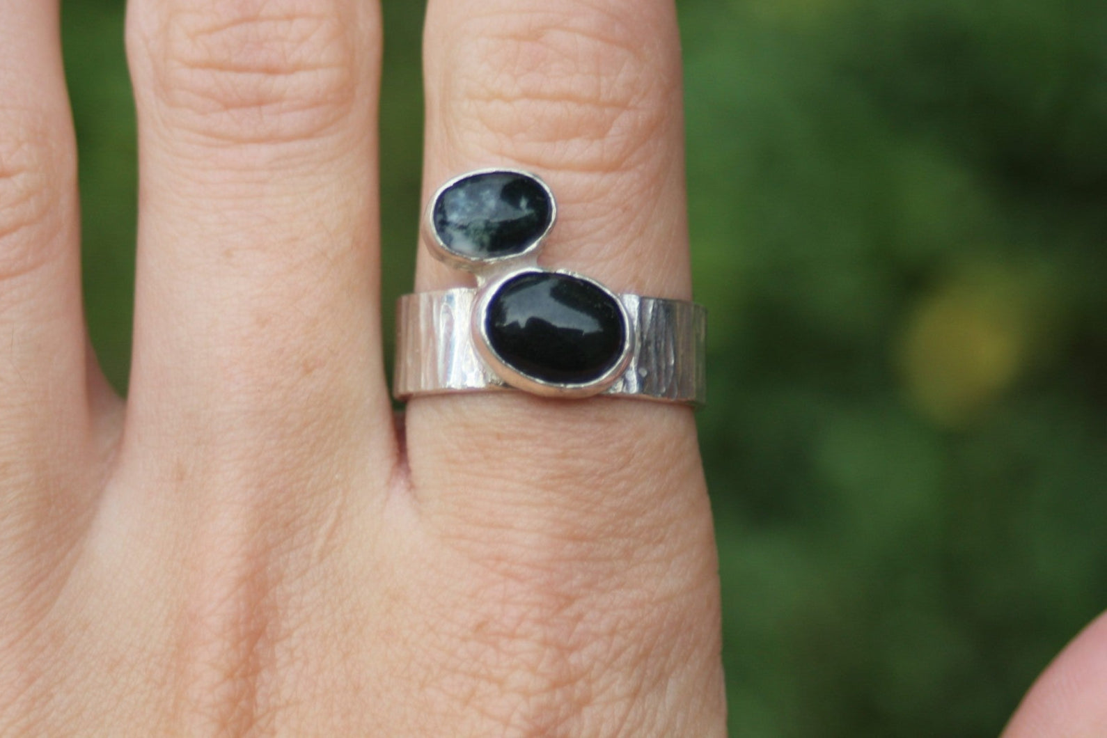 Bark Texture with Moss Agate Sterling Silver Ring