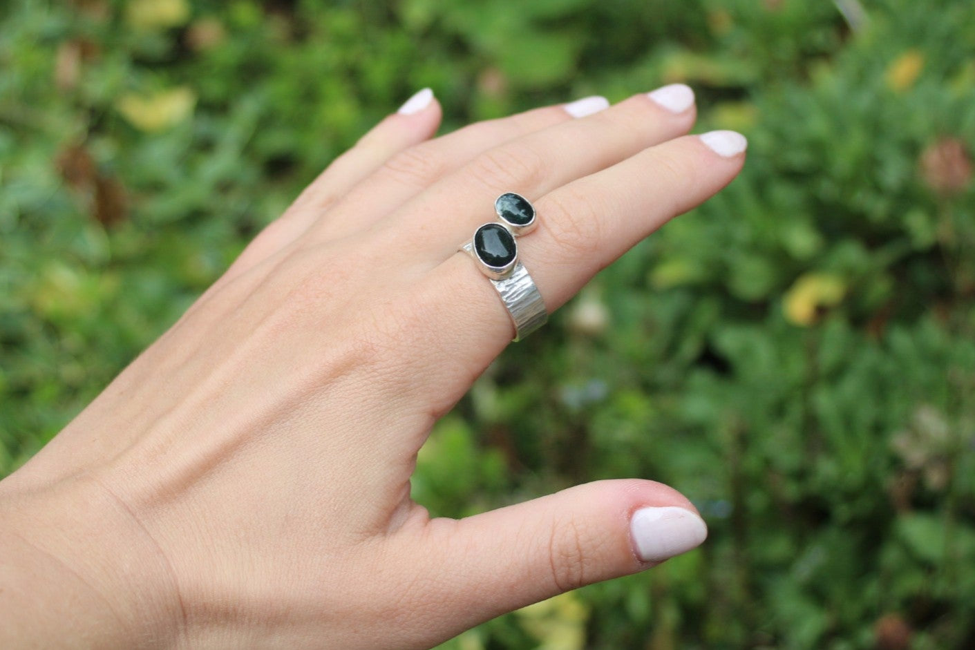 Bark Texture with Moss Agate Sterling Silver Ring
