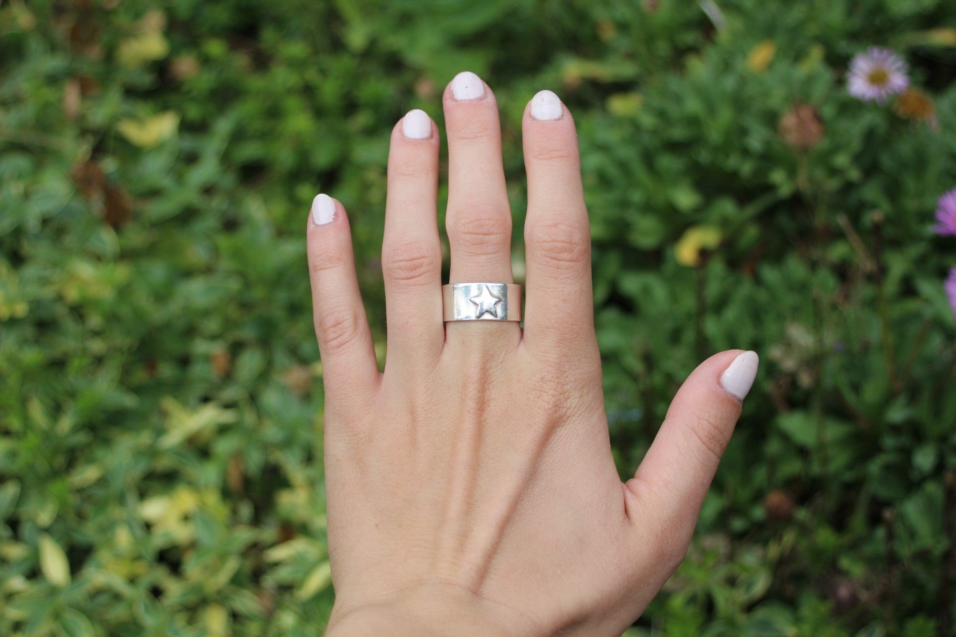 Star Detail Thick Band Sterling Silver Ring