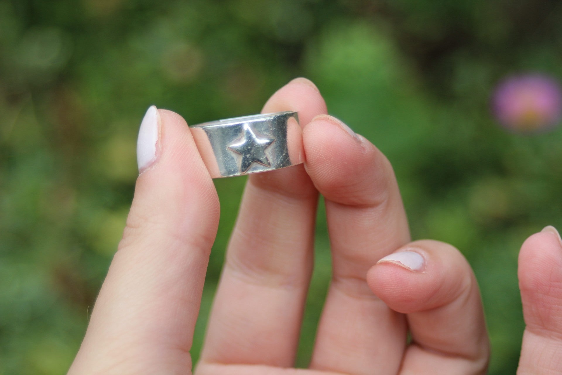 Star Detail Thick Band Sterling Silver Ring