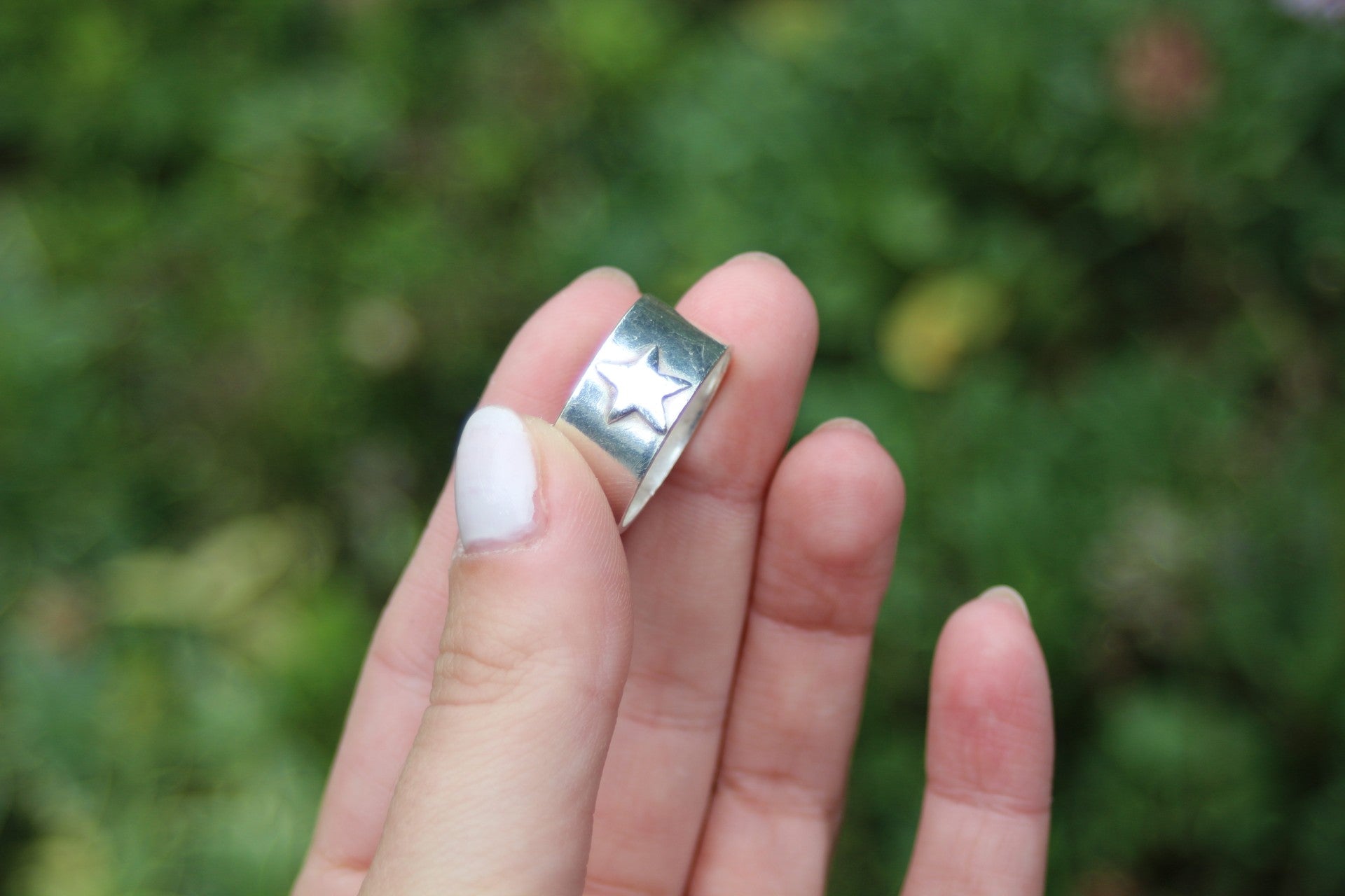 Star Detail Thick Band Sterling Silver Ring